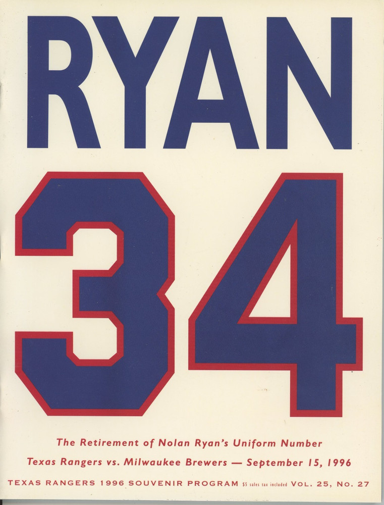 1996 Texas Rangers Program MINT Condition NOLAN RYAN NUMBER RETIREMENT
