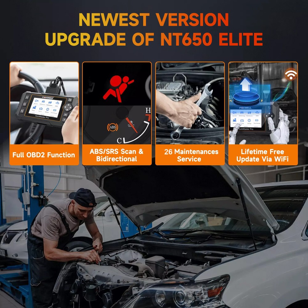 Foxwell NT650 Pro OBD2 Scanner Car Code Reader ABS SRS Reset Bidirectional Test