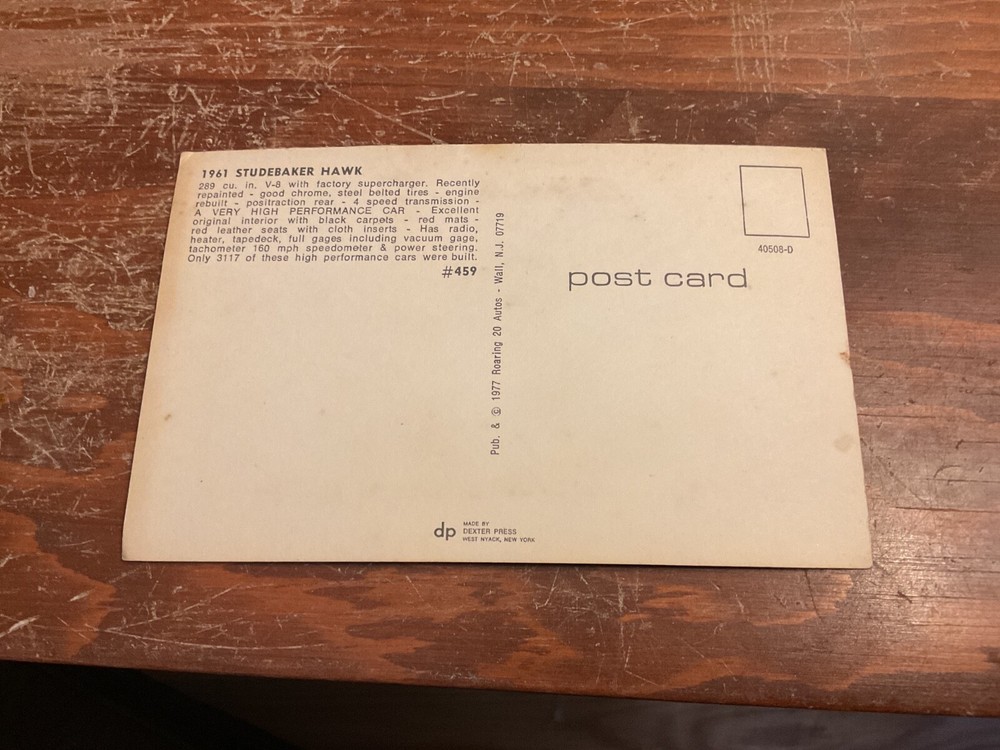 Vintage 1961 Studebaker Hawk - Post Card #459 Unused
