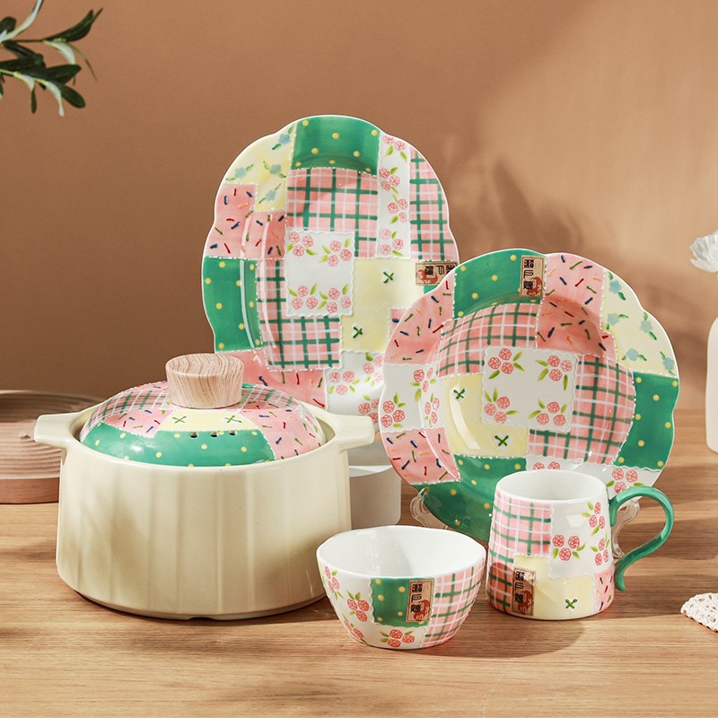 Colorful Patchwork Ceramic Dinner Plate 8.86'' Decorative Serving Dish