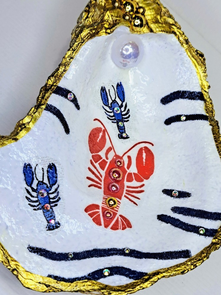 Handcrafted Decoupaged Lobster Oyster Shell Ring/Trinket Dish