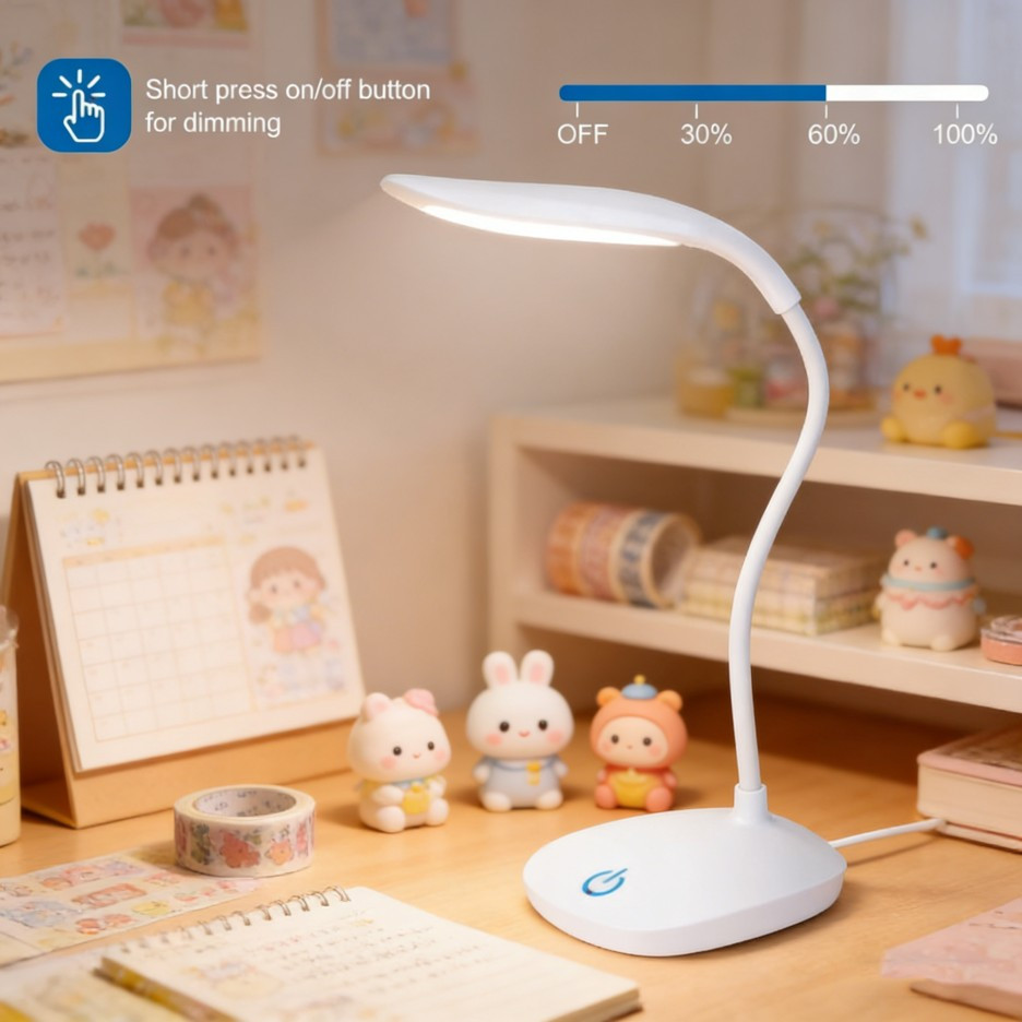 USB LED Desk Light Dimmable Bedside Reading Lamp Rechargeable Touch Control -&#