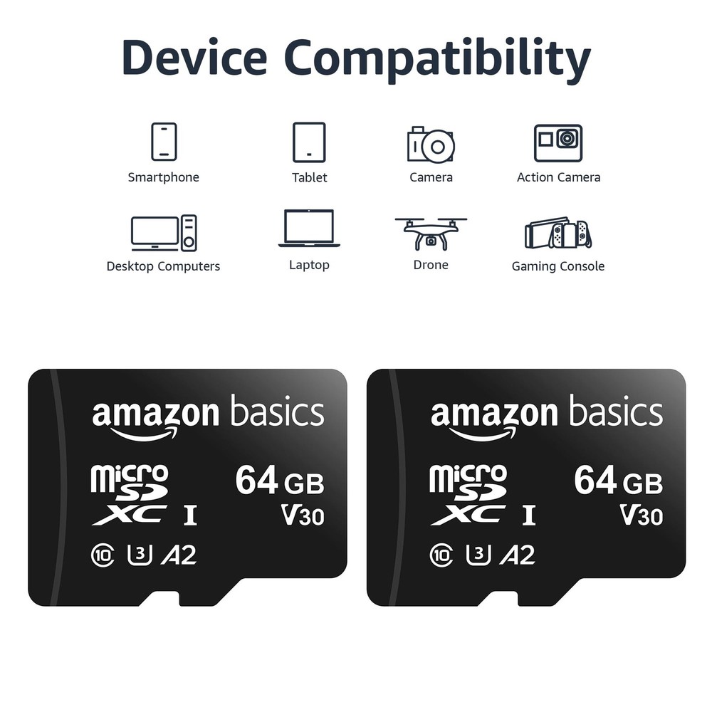 Amazon Basics microSDXC Memory Card with Full Size 64 GB (2pack), Black