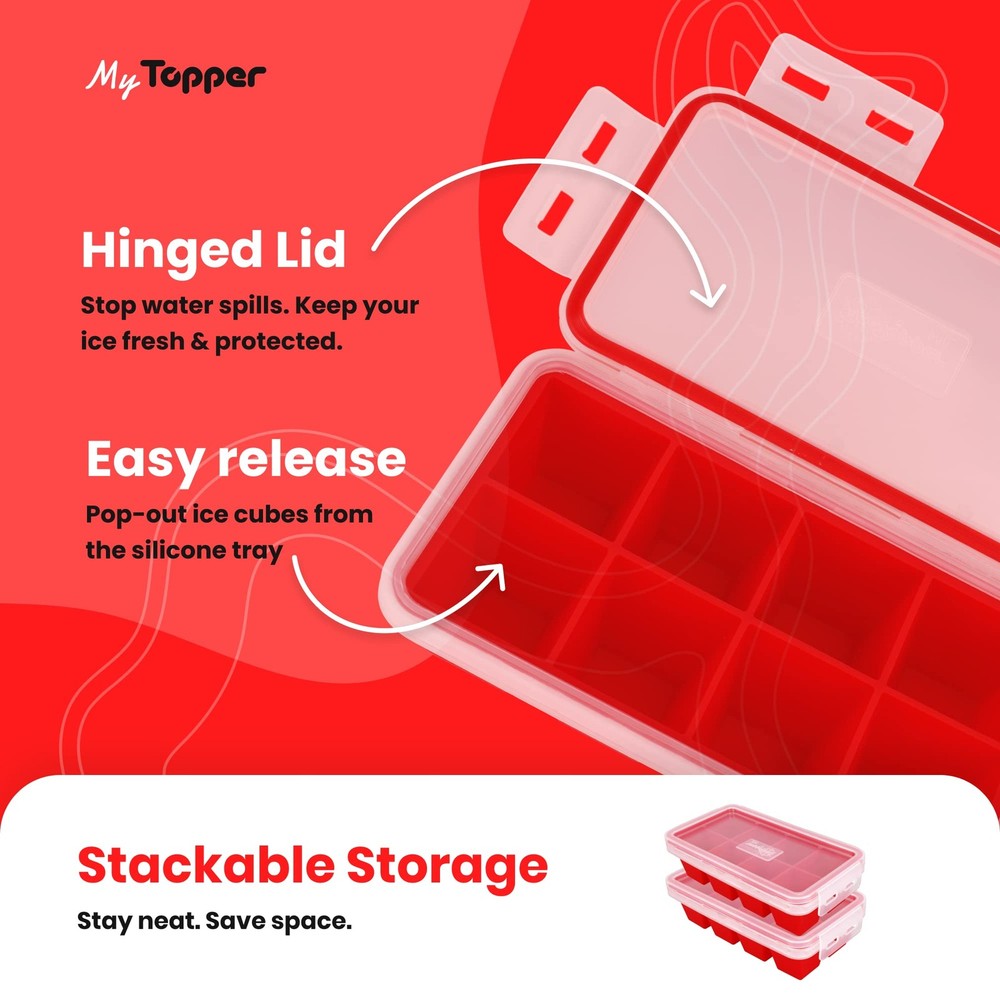 IceTopper XL Ice Cube Tray with Attached Lids - Easy Release Ice Cube Molds, 8 L