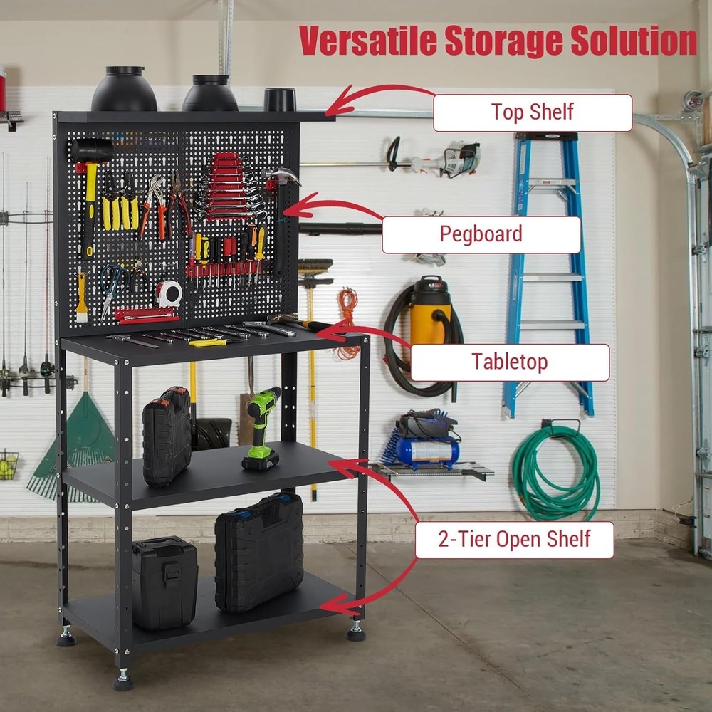 Multi-use Workbench w/ 2 Shelves Heavy-Duty Work Table Tool Storage Bench Black