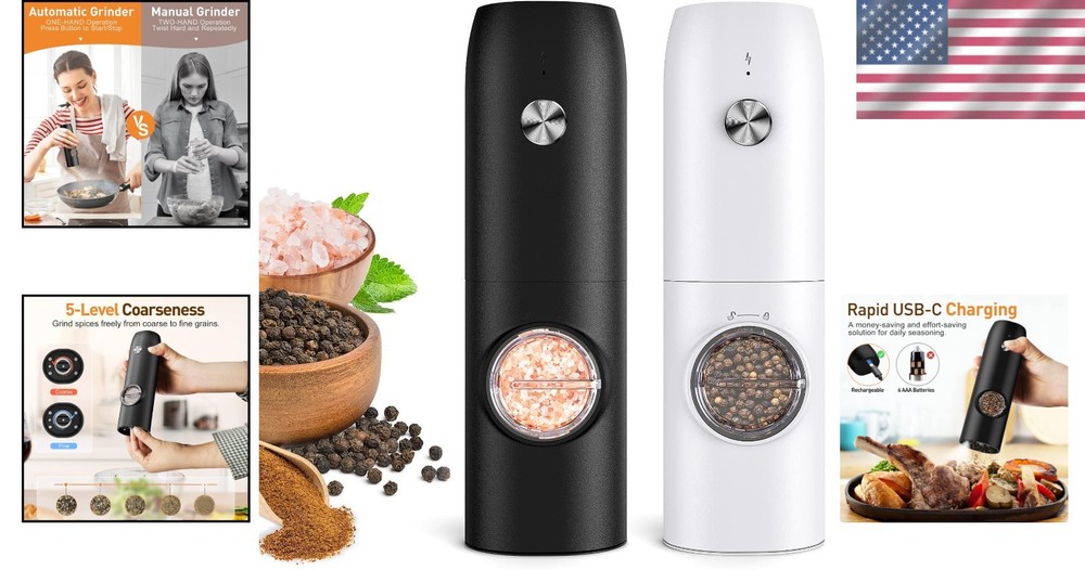 Rechargeable Salt & Pepper Grinders - 2 Pack