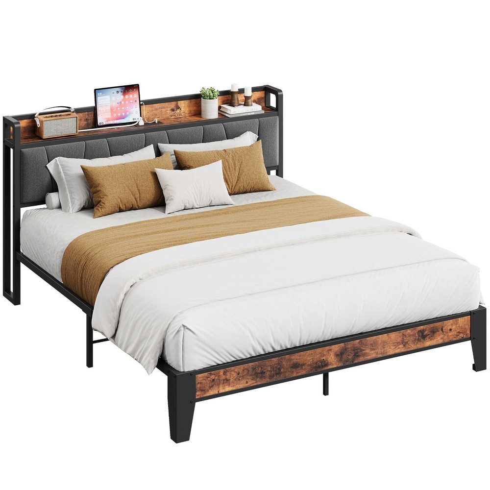 LIKIMIO Queen Bed Frame, Storage Headboard with Charging Station, Solid and S...