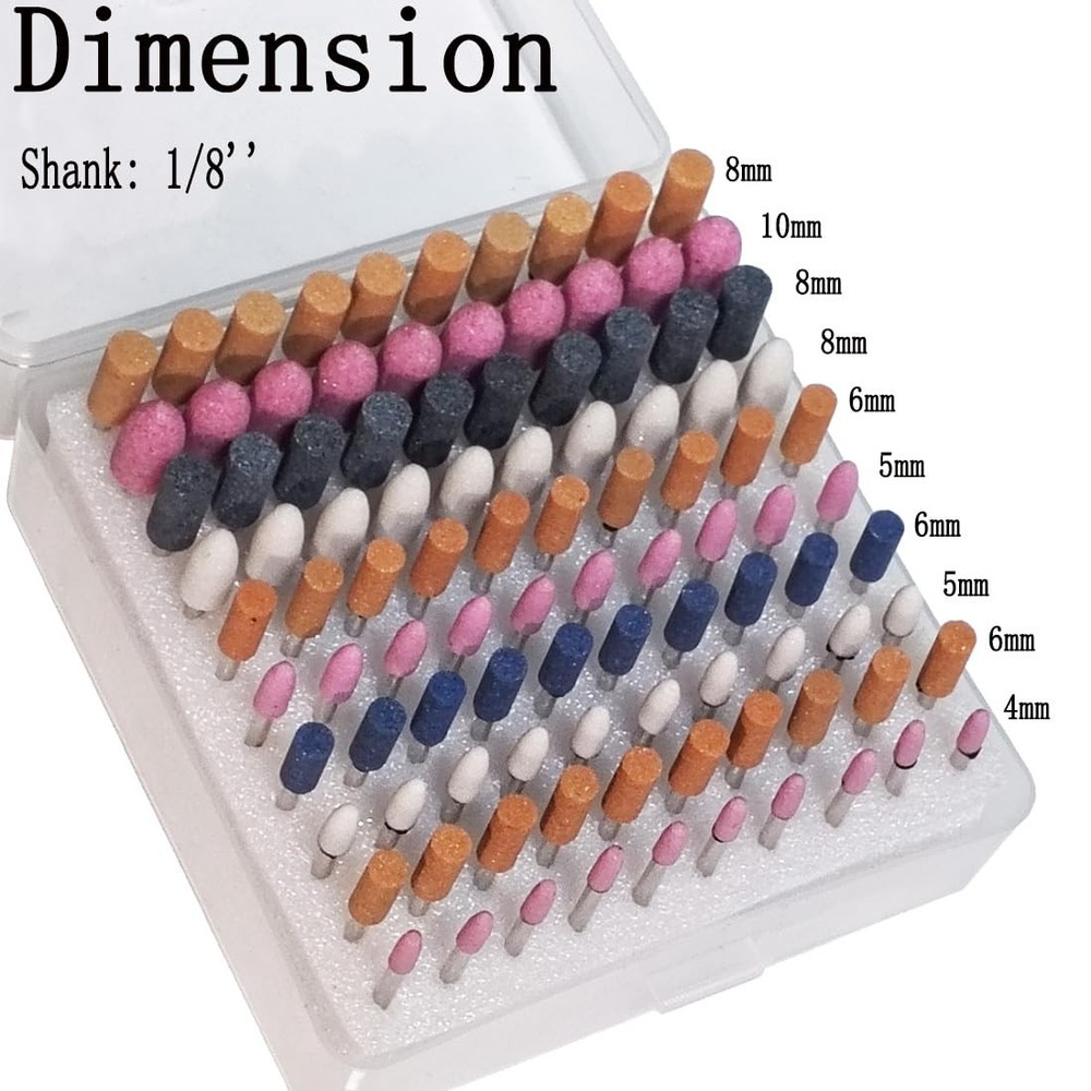 100 Pcs Grinding Stones Sets - 1/8'' Shank Assorted Abrasive Stone Mounted Gr...