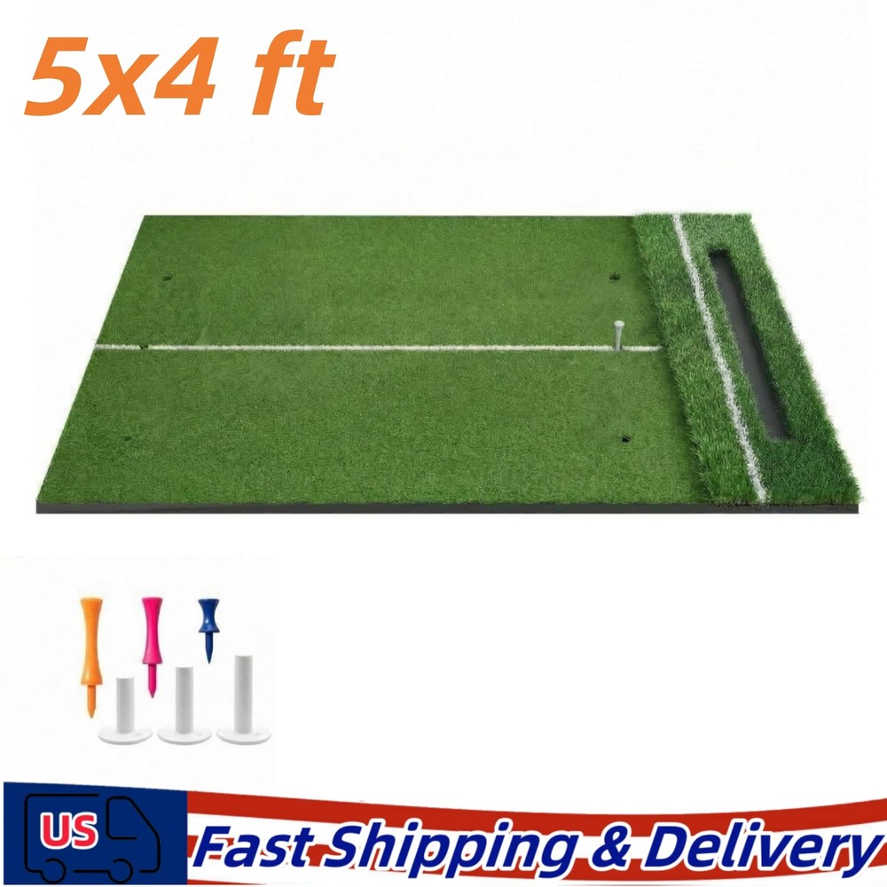 Dual Turf Golf Hitting Mat 5x4 FT High-Density Practice Mat with Alignment Line