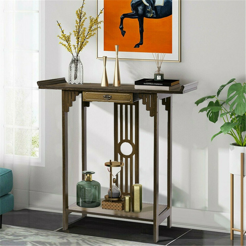 Rustic Console Sofa Table Narrow Console Table with Shelf Wood Entry Hall Table