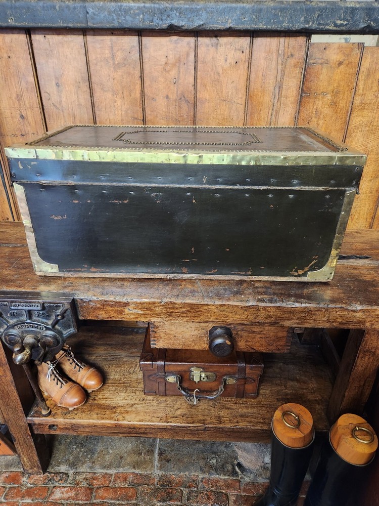Antique Black Brass Rivetted Wooden Solid Trunk.