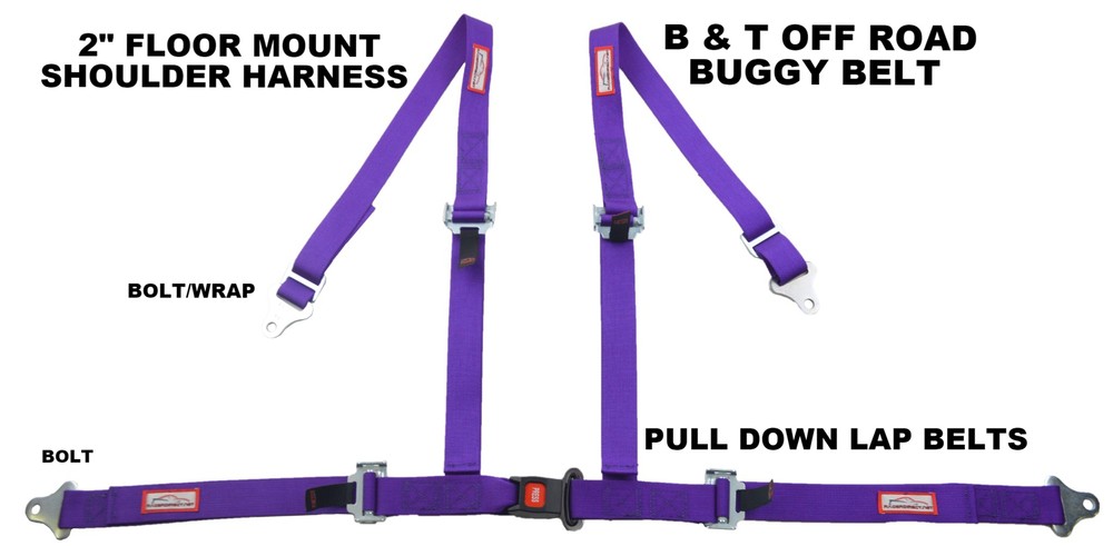 PURPLE 4 POINT SEATBELT 2" HARNESS, PULL DOWN LAP BELTS FLOOR MOUNT PUSH BUTTON