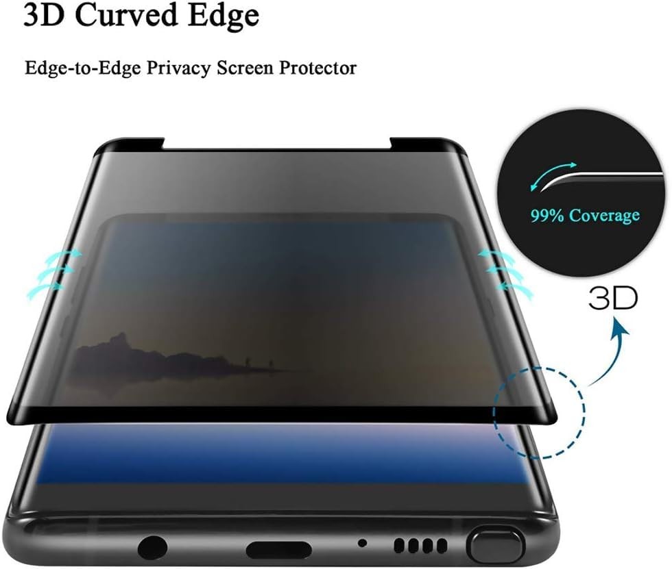 (2 Pack Galaxy Screen Protector Privacy Tempered Glass, 3D Curved Note 9 Black