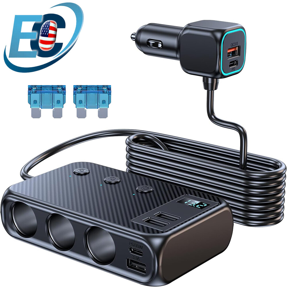 9in1 Car Cigarette Lighter Socket Splitter USB C Fast Charger 3Way Power Adapter