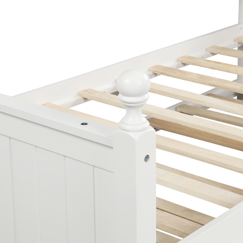 Twin Size Daybed Wood Bed Frame Sofa Bed with Pull-Out Trundle Bed White