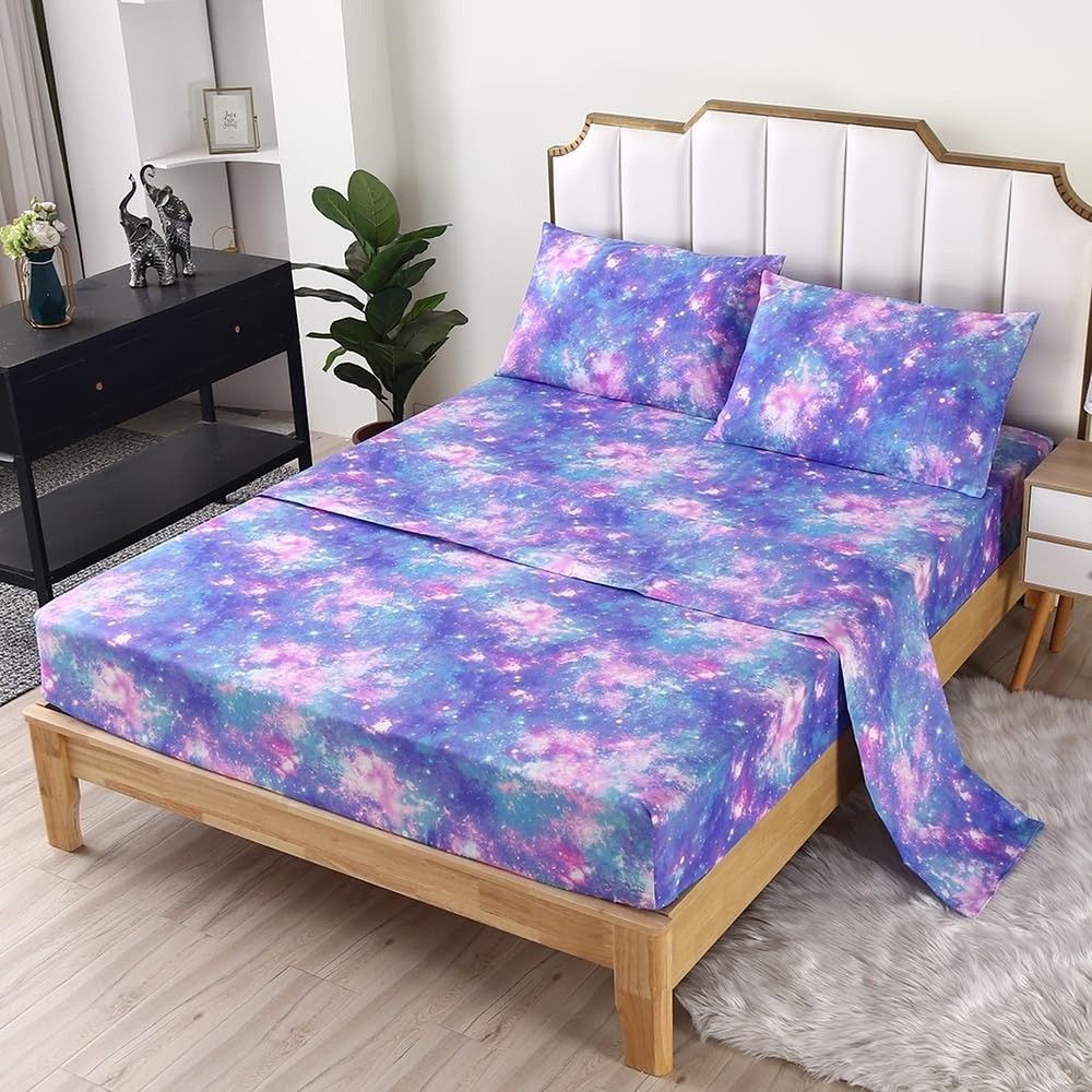 SDIII 4PCS Colorful Galaxy Queen Sheets Set Soft Microfiber Space Sheets Quee...