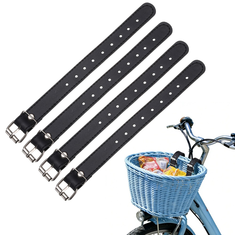 4 Pcs Adjustable Leather Bicycle Basket Strap, Black