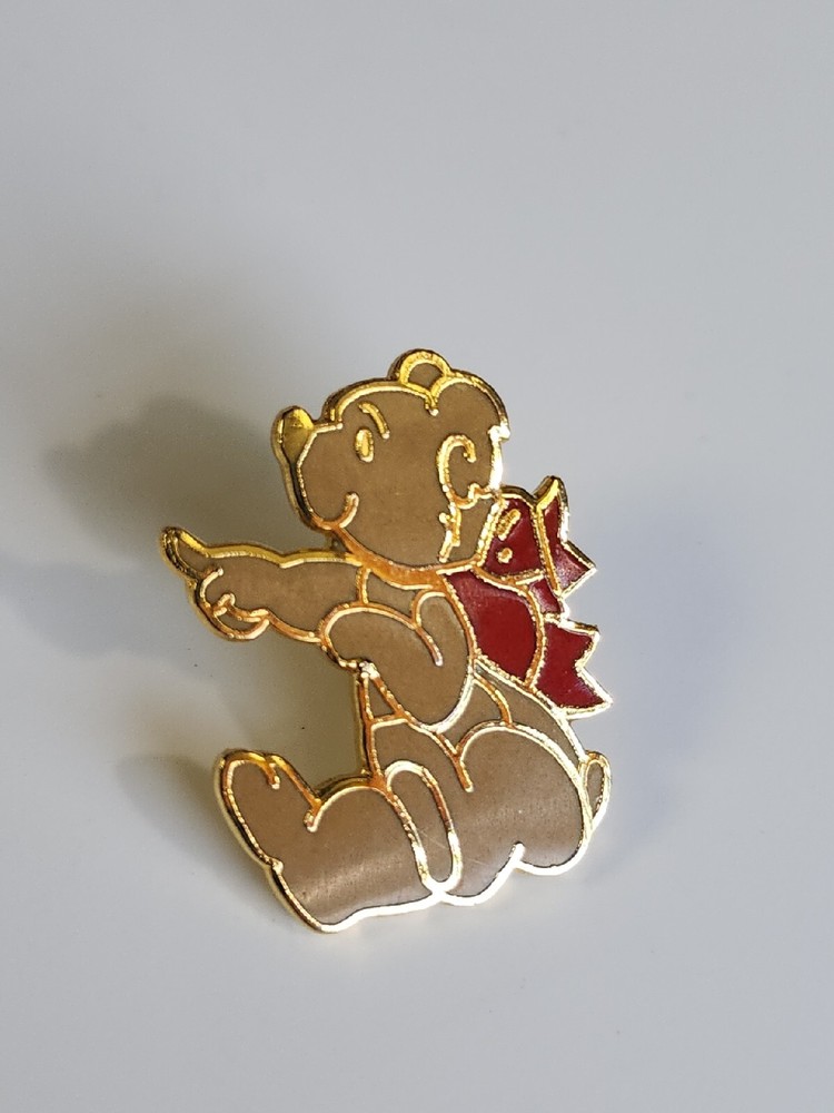 Teddy Bear Lapel Pin Red Ribbon