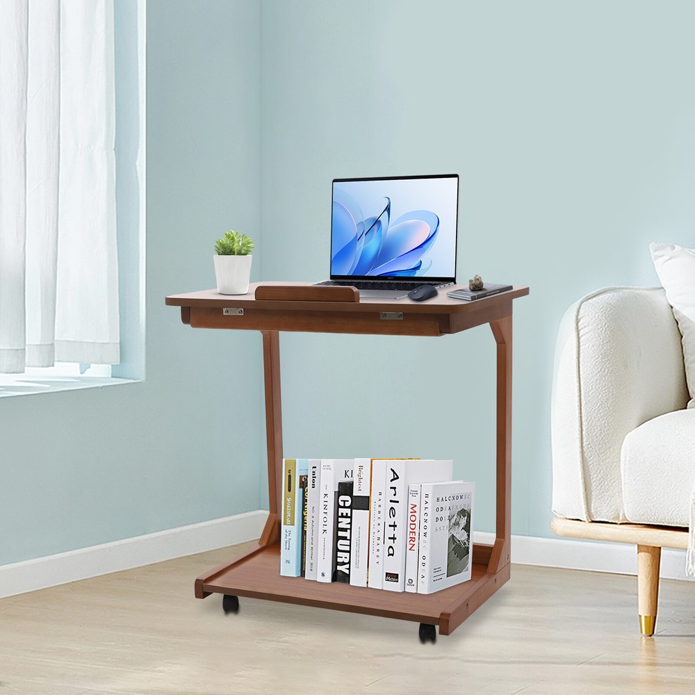 Modern C Shaped Table C Table with 4-Wheels Couch Table C-Shaped End Table Home