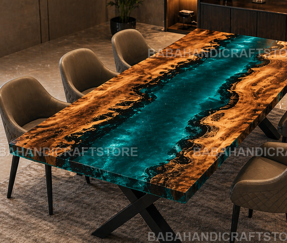 Custom Live Edge Walnut Dining Table with Teal Epoxy River Handmade Table Top