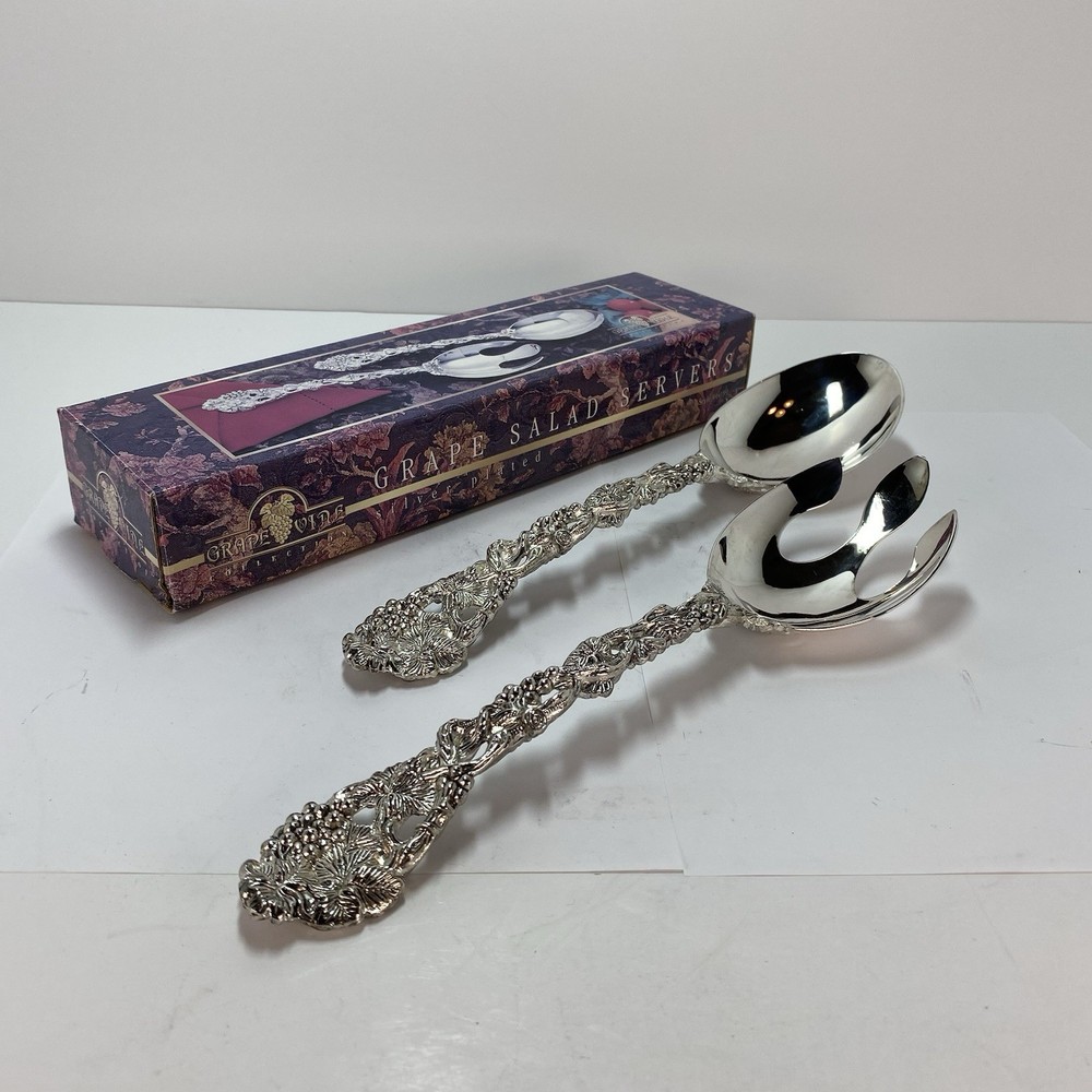 VTG 2-pc Godinger Silverplated Salad Serving Set - Fork & Spoon - Grape Design