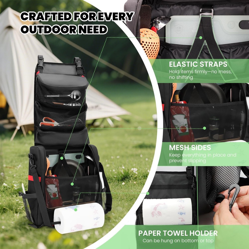 Camp Kitchen Organizer, Hanging Cooking Tools Storage Caddy Bag with Paper To...