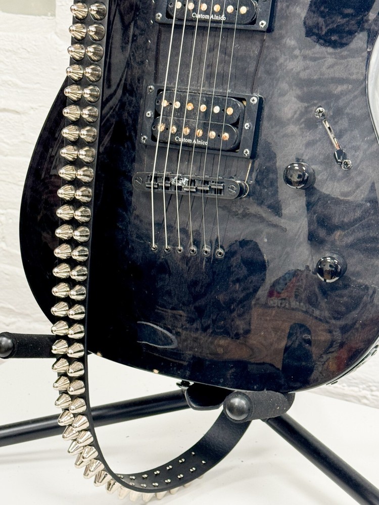 UK77 Conehead Studded Guitar Strap Pyramid Stud Genuine Black Leather Handmade