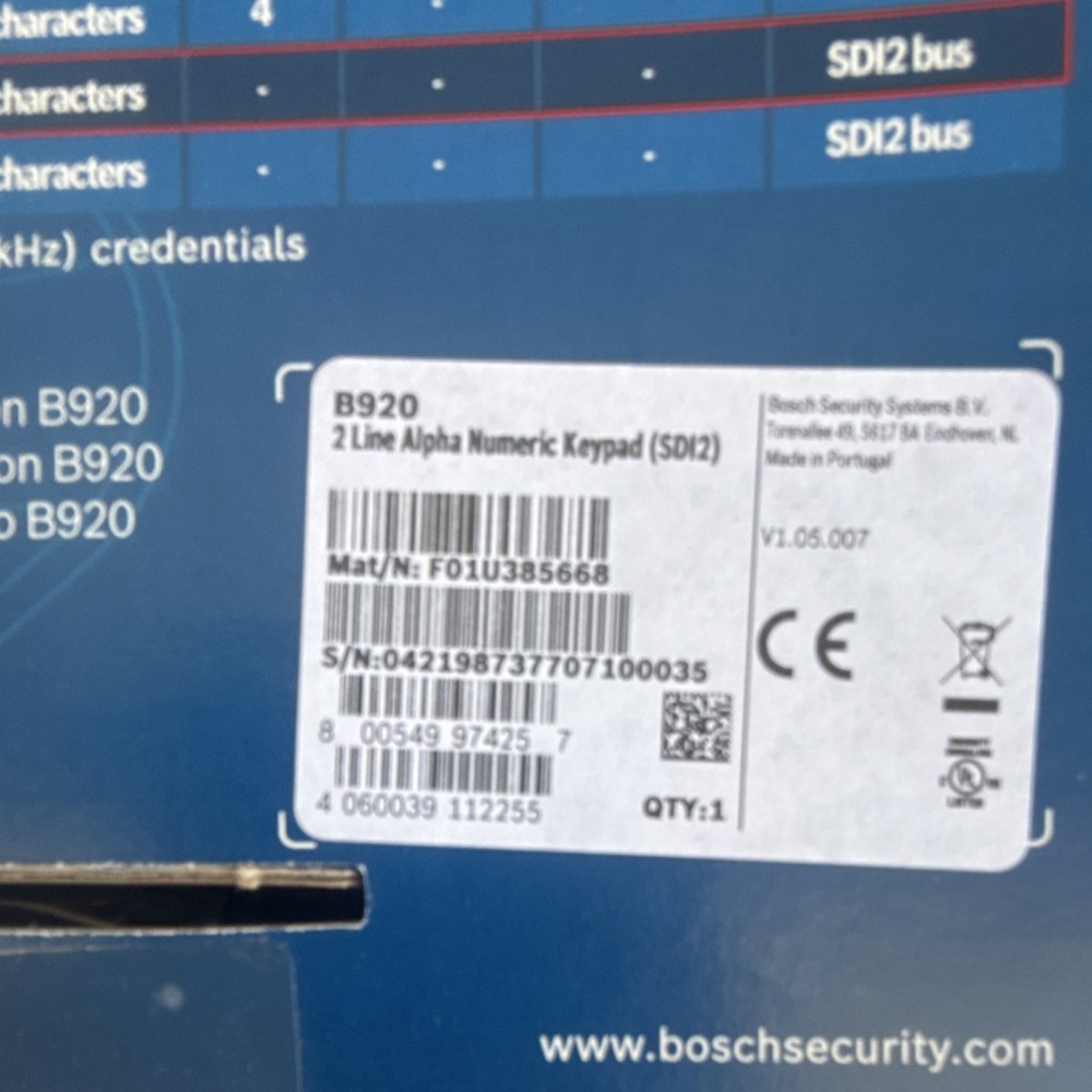 Bosch B920 Control Panel & Keypad Text Keypad Function Keys MPN F01U385668