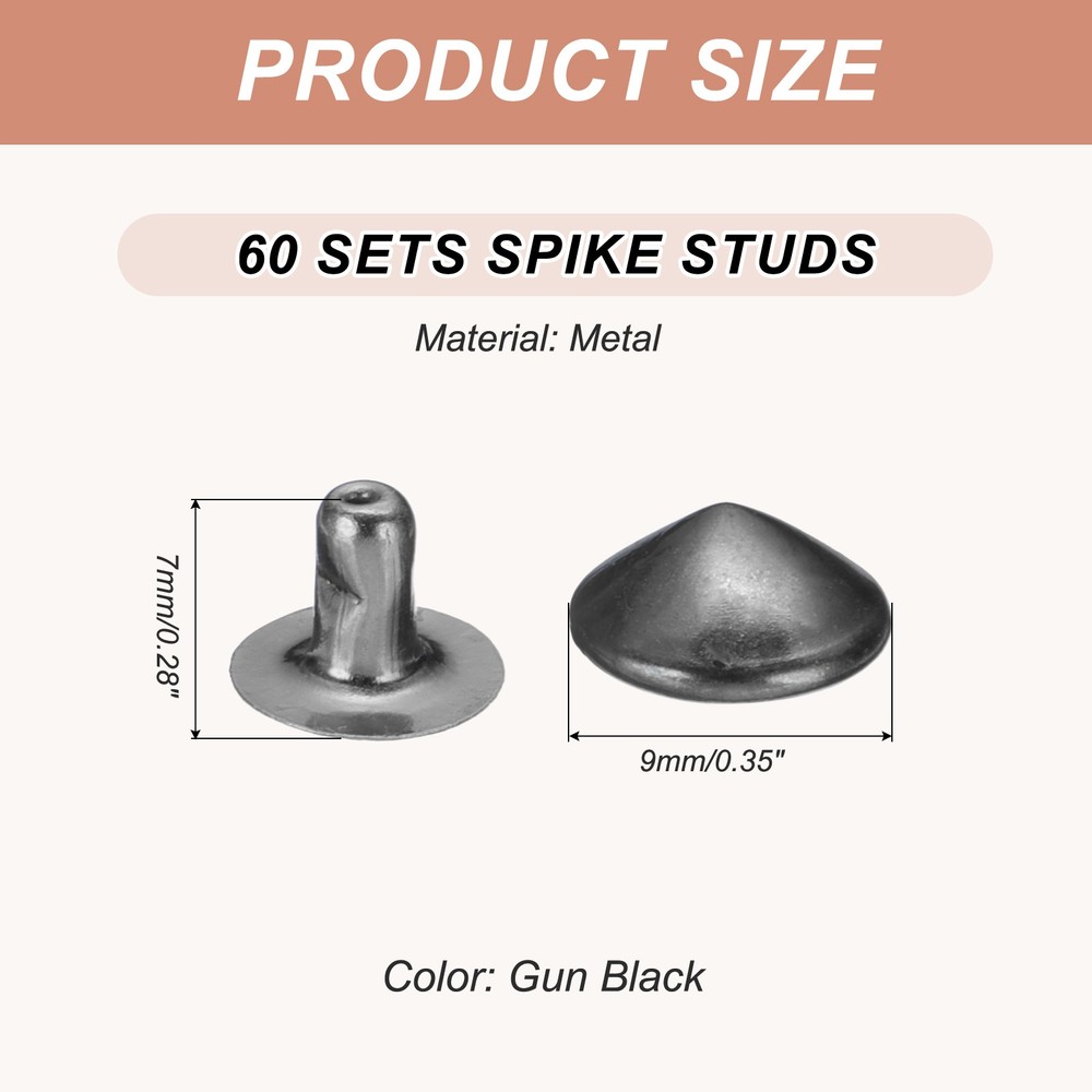 9mm Spike Rivets, 60 Sets Round Studs Rivet Rapid Punk Spikes, Gun Black