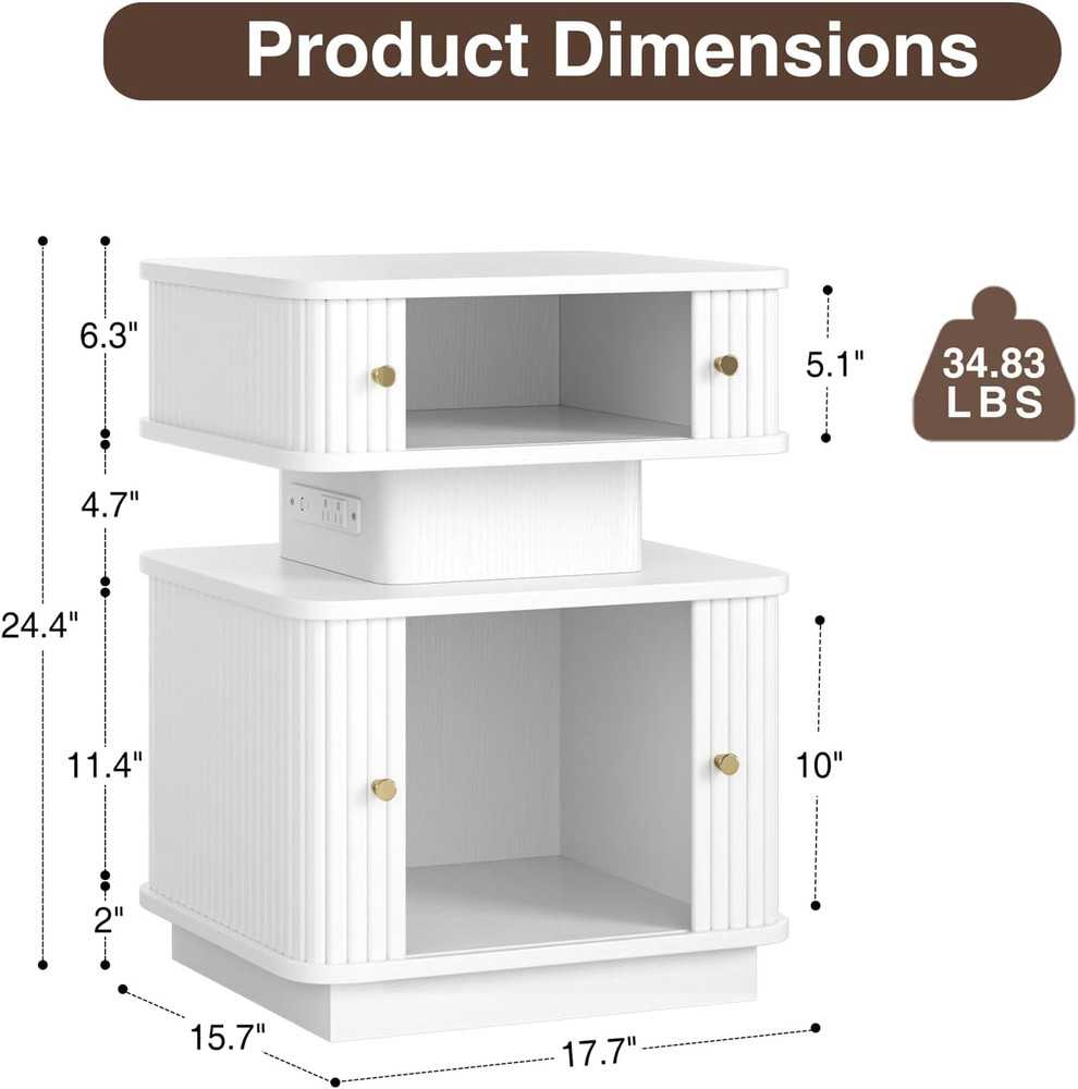 LED End Table with Charging Station, Mid-Century Design, 2 Doors, White