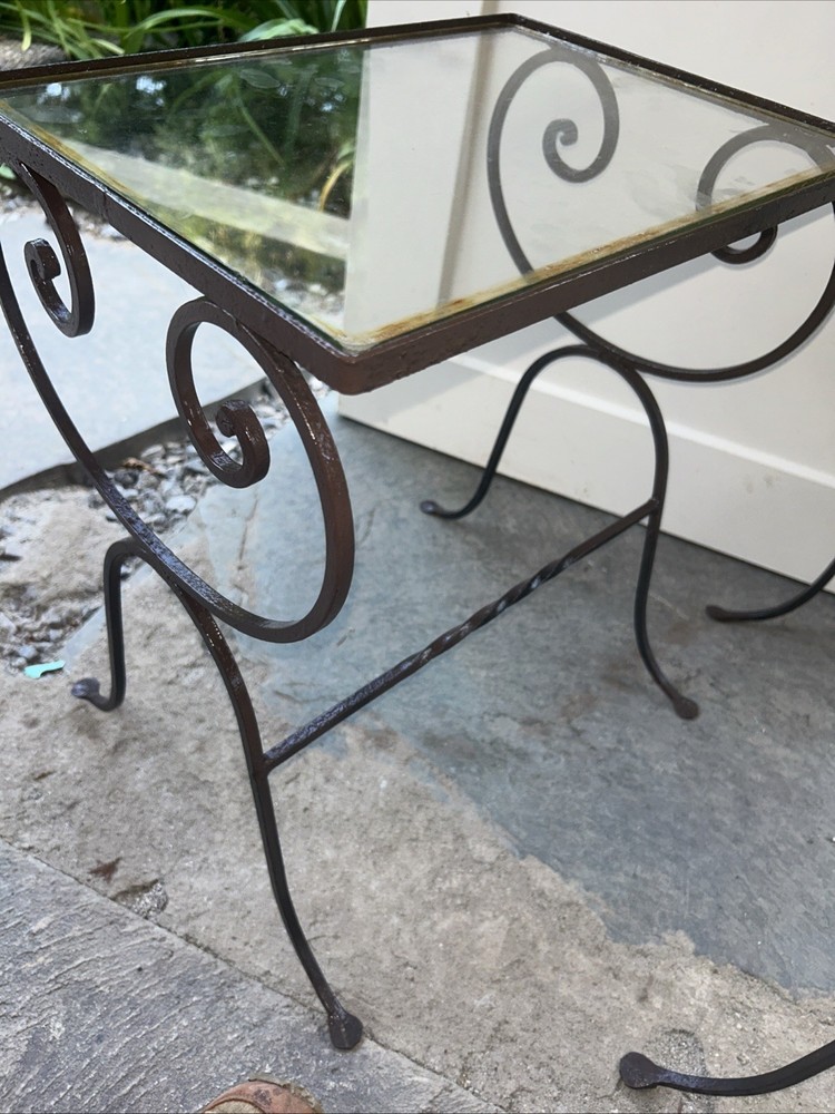 Complementary Pair NESTING Neoclassical Style Wrought Iron Glass Top Side Tables