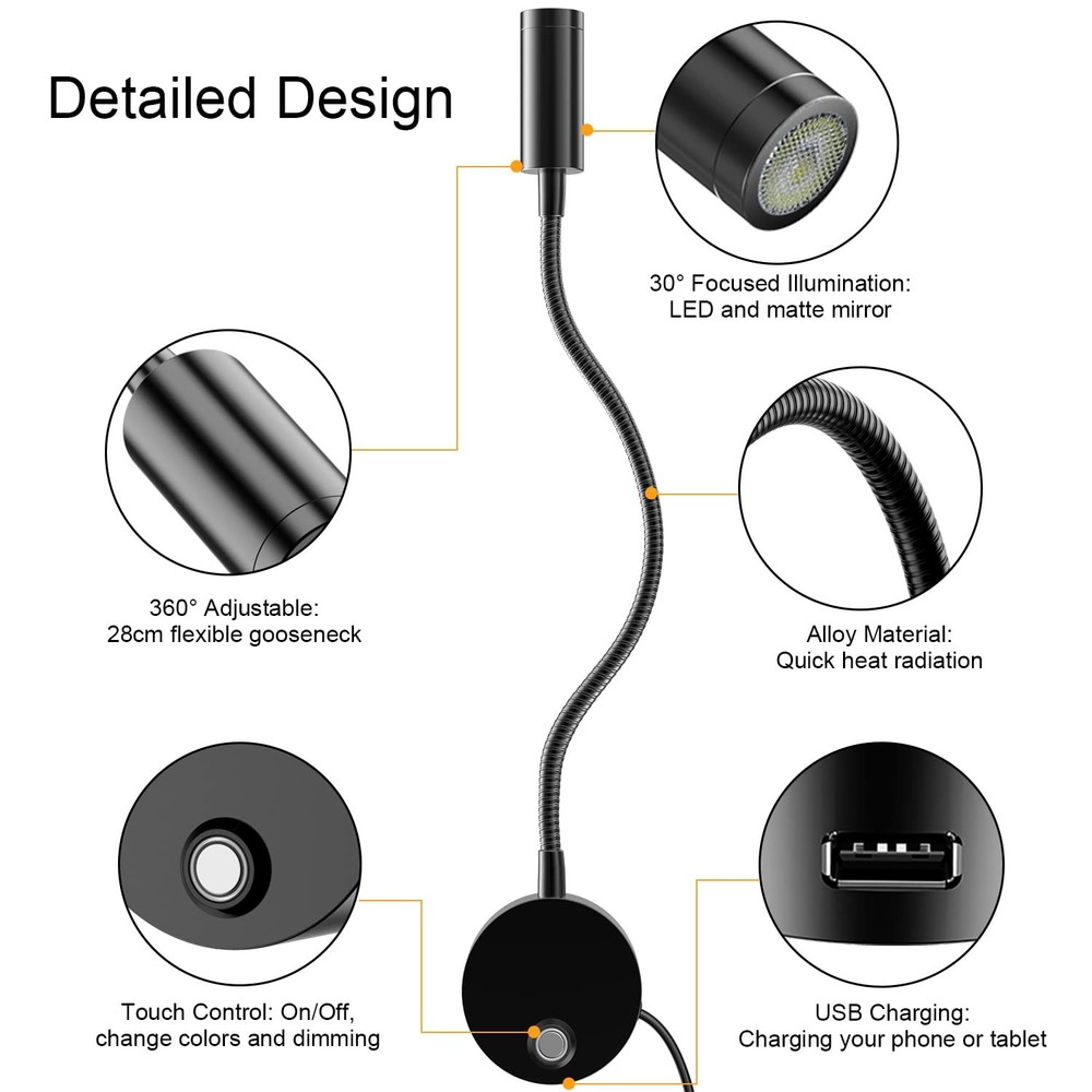 Wall Mounted LED Reading Light, 15" Flexible Gooseneck, Dimmable Book Light