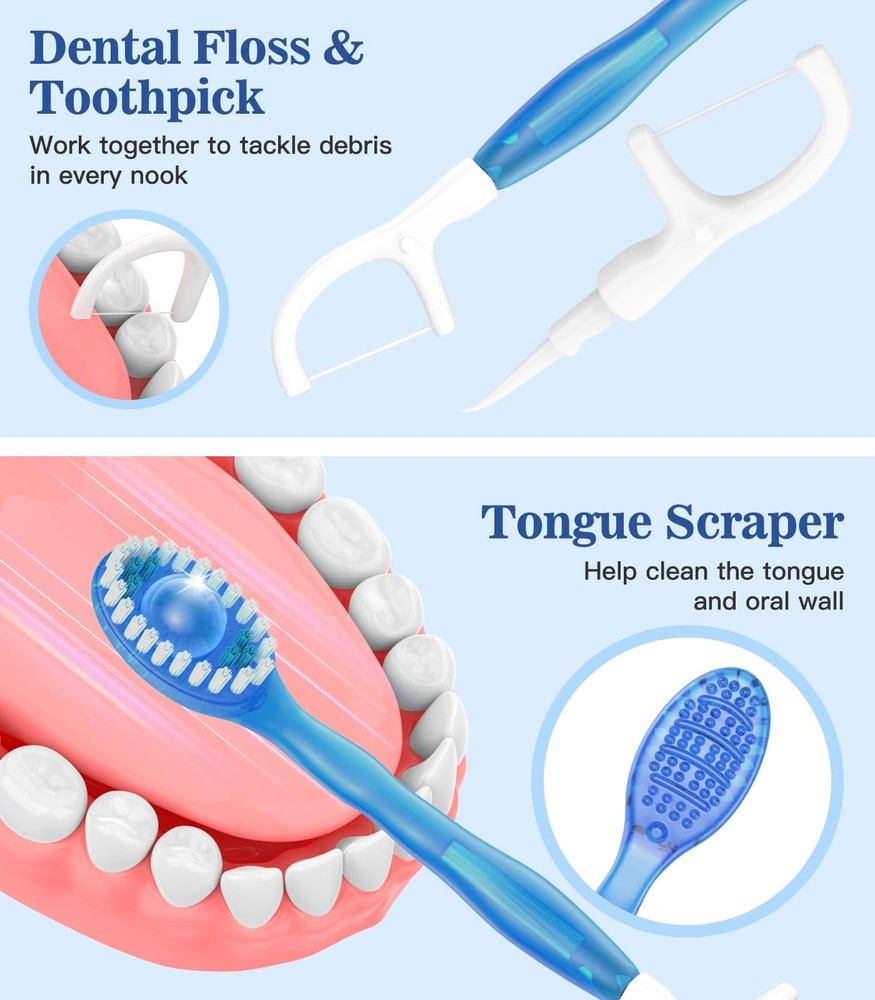 24 Pack 5-in-1 Disposable Toothbrushes with Toothpaste, Floss, and Scraper