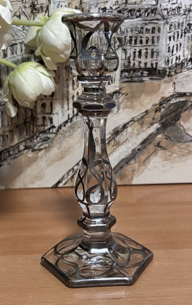 Vintage Art Deco Crystal Classic Candleholder Patterned Over In Silver. EUC .