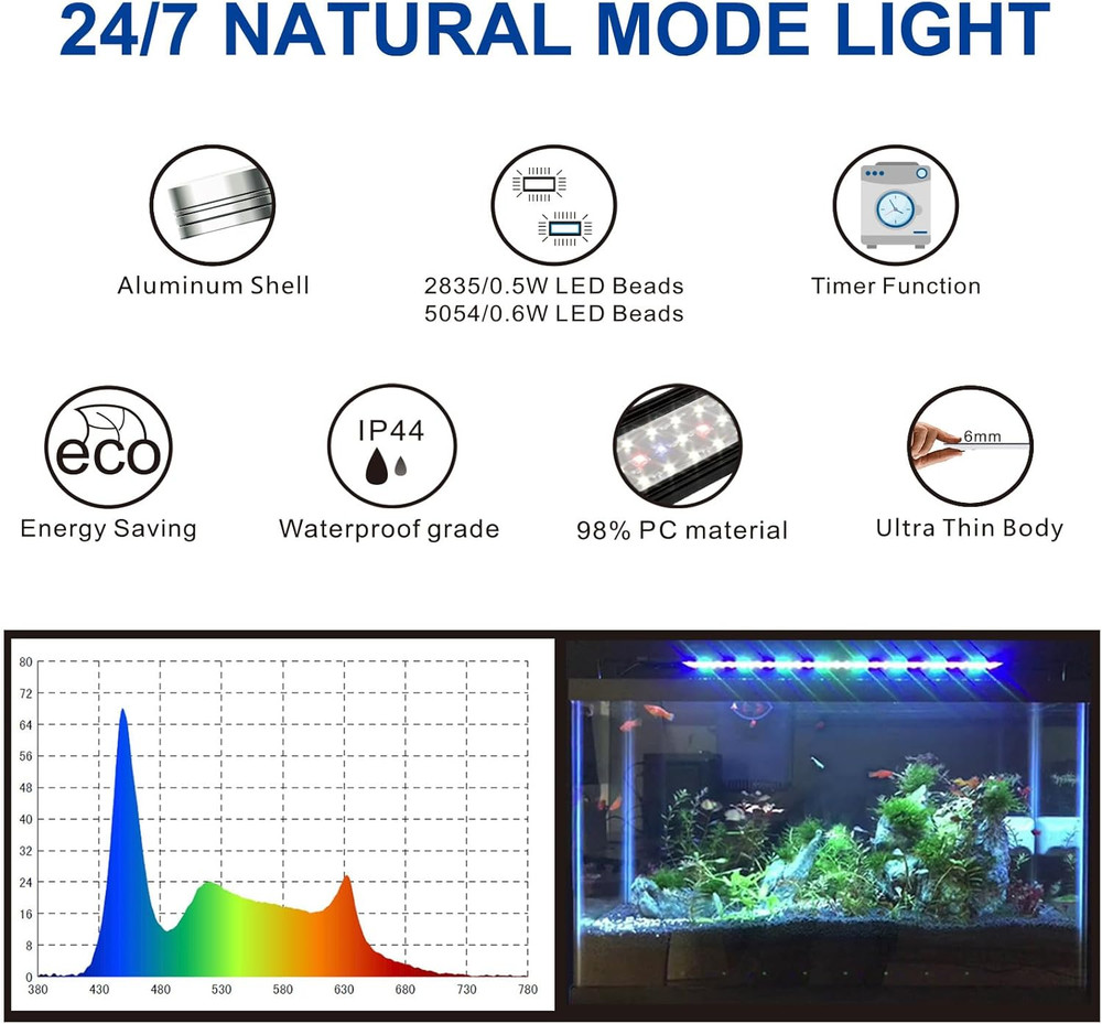20-28 Aquarium LED Light with Timer 24/7 Cycle 5 Dimmable Brightness Sun...