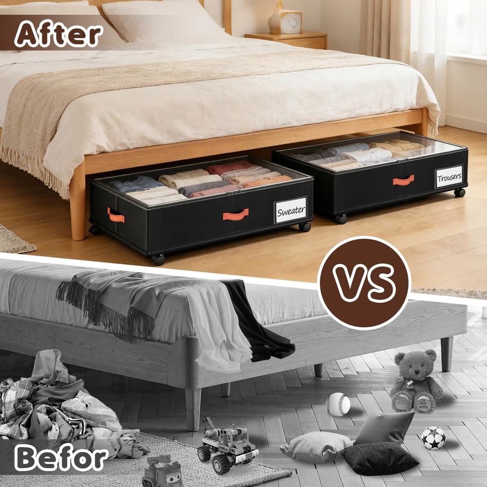 Under Bed Storage with Wheels 2-Pack, Under Bed Storage Containers 66L Clear ...