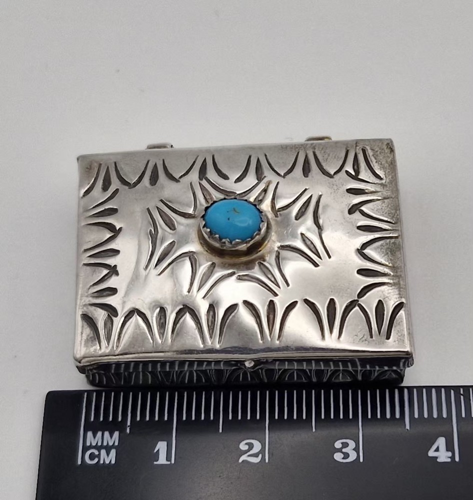 Vintage Sterling Silver Pill Box Rectangular Engraved Blue Turquoise 14.3g