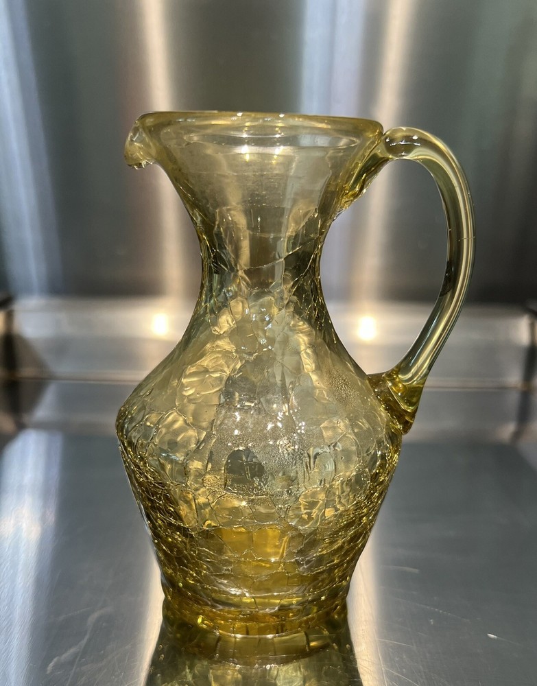 vintage hand blown Art Crackle Yellow Small Pitcher With Applied Handle