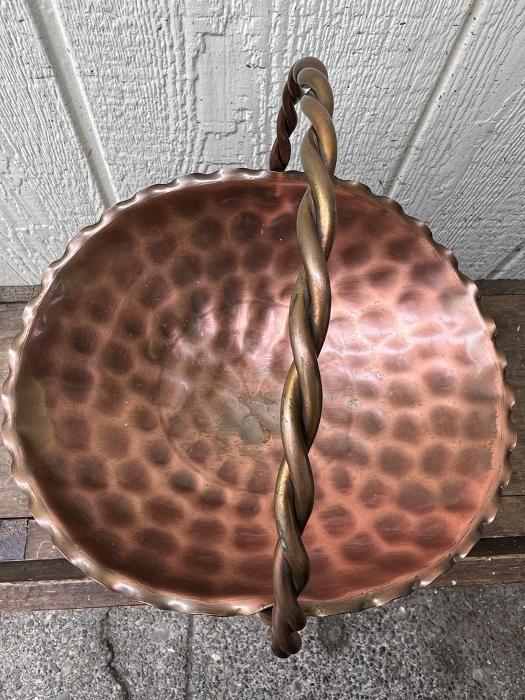 VTG Solid Copper Footed Basket with Scalloped Edge, Twisted Handle
