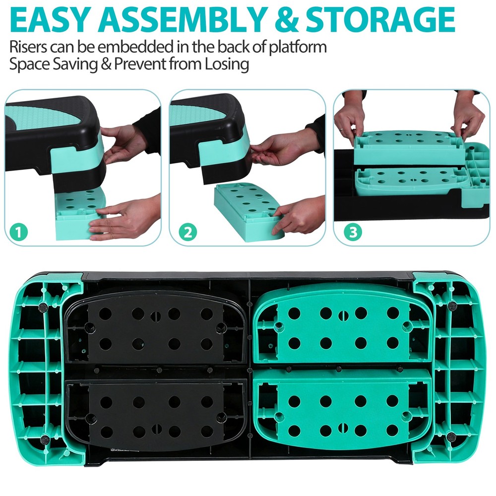 Adjustable Aerobic Stepper Workout Step with 4 Risers Exercise Platform Green
