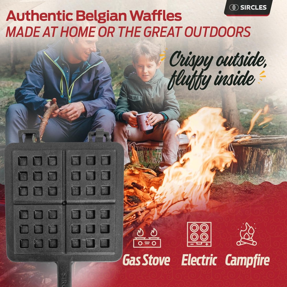 Cast Iron Waffle Maker - Makes 4 Square Belgian Waffles - Non Electric - Heav...
