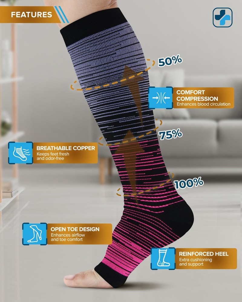 Doctor's Select 3 Pairs Copper Toeless Large, Line Patterns 1 - 3