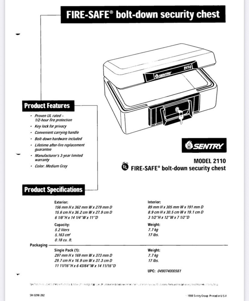 Sentry Safe 2100 Fire Proof Safe with 2 Keys Lock Box FIRE-SAFE® Security Chest