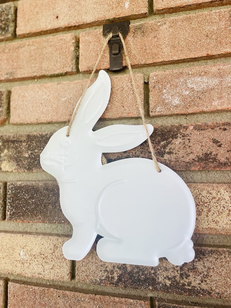 Spring Peach Gingham Hanging Metal Bunny