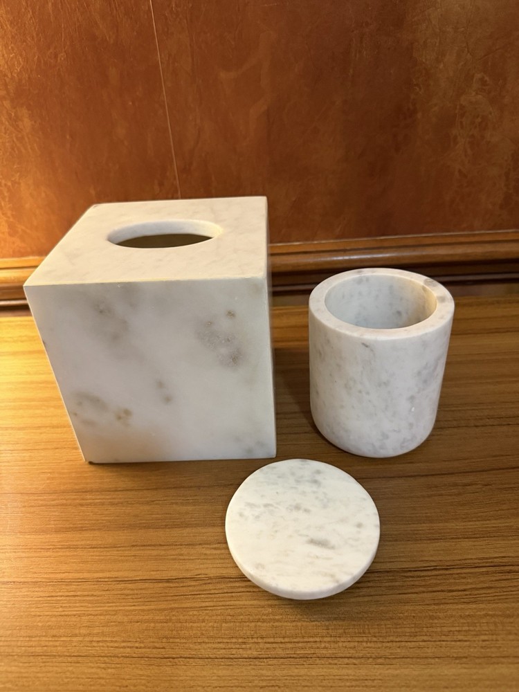 Brand New Solid Carrara Marble Tissue Box Cover & Matching Lidded Jar-READ