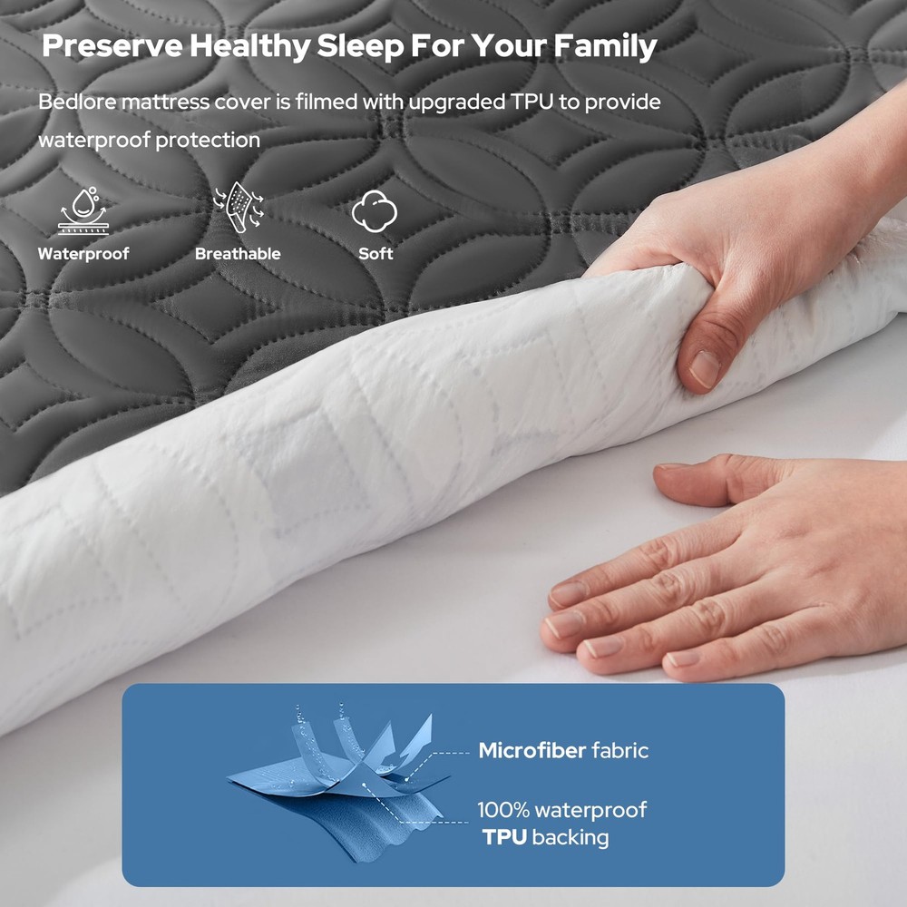 BEDLORE Queen Waterproof Mattress Protector Pad, Noiseless, Deep Pocket, Grey