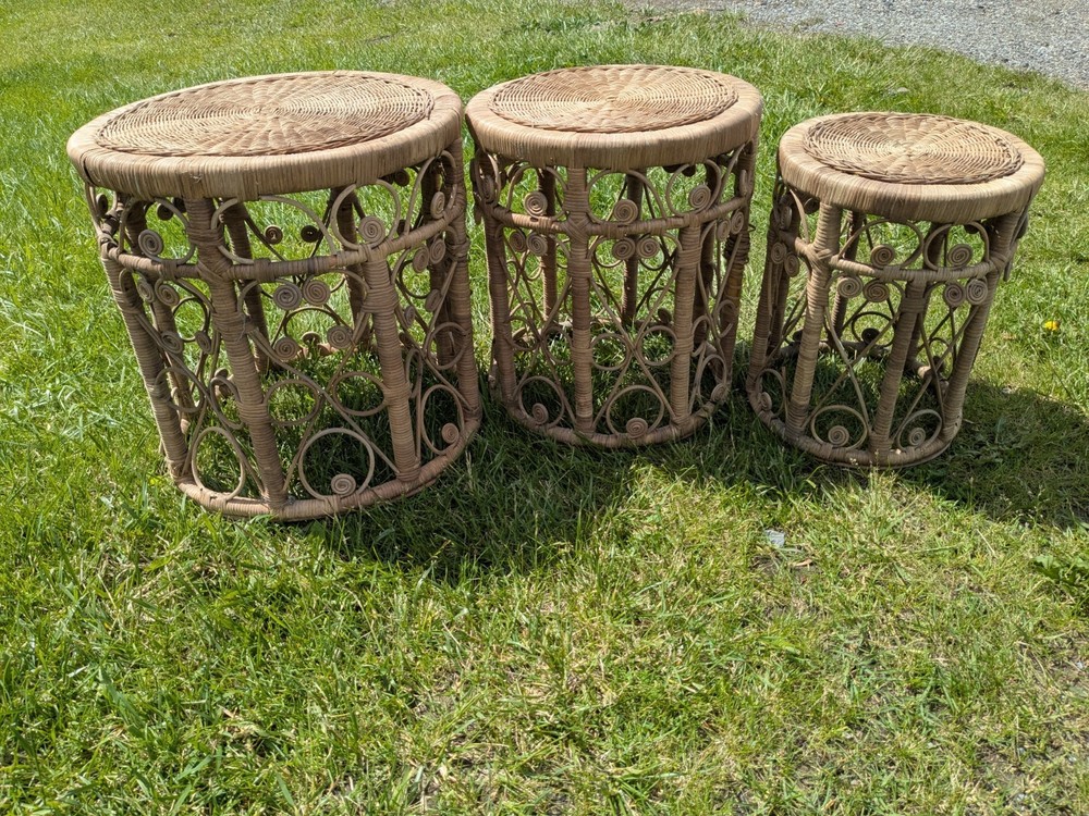 Three Vintage Wicker Rattan Nesting Tables Mid Century Hollywood Regency Boho