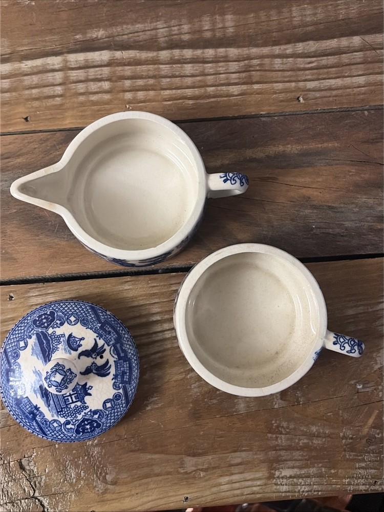 Vintage Stackable Creamer And Sugar Bowl Blue Pattern Unmarked