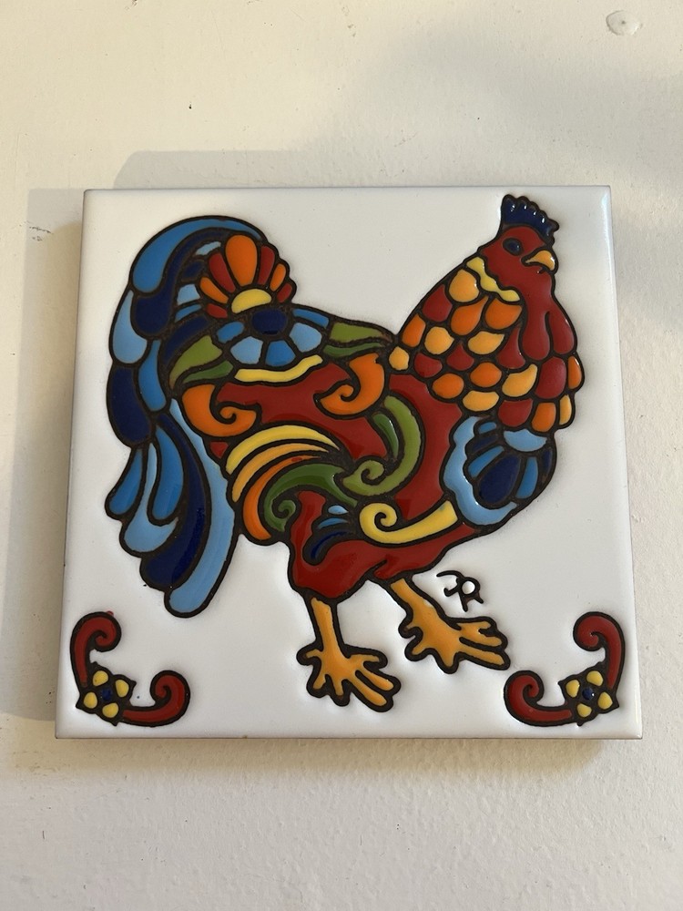 Rooster Hand Glazed Ceramic Decorative Tile in Earthtones