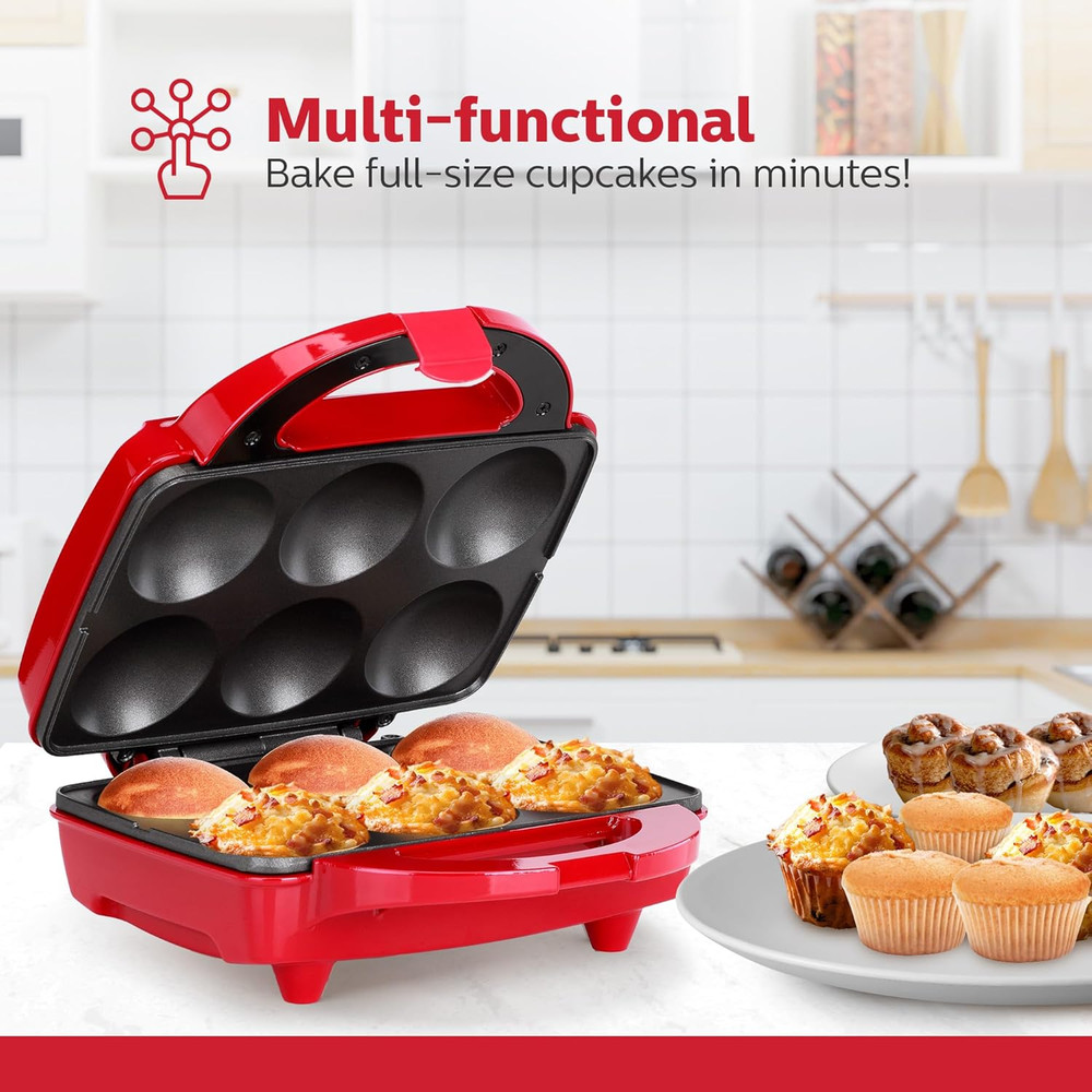 - Non-Stick Cupcake Maker, Red - Makes 6 Cup Cakes, Muffins, Cinnamon Buns, and